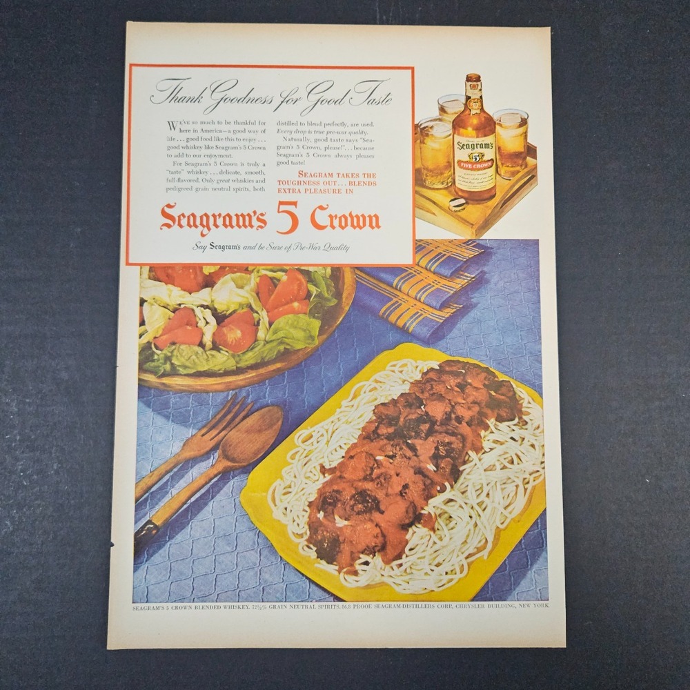 1945 Seagrams 5 Crown Blended Whiskey Vintage Print Ad Spaghetti Meatballs Salad
